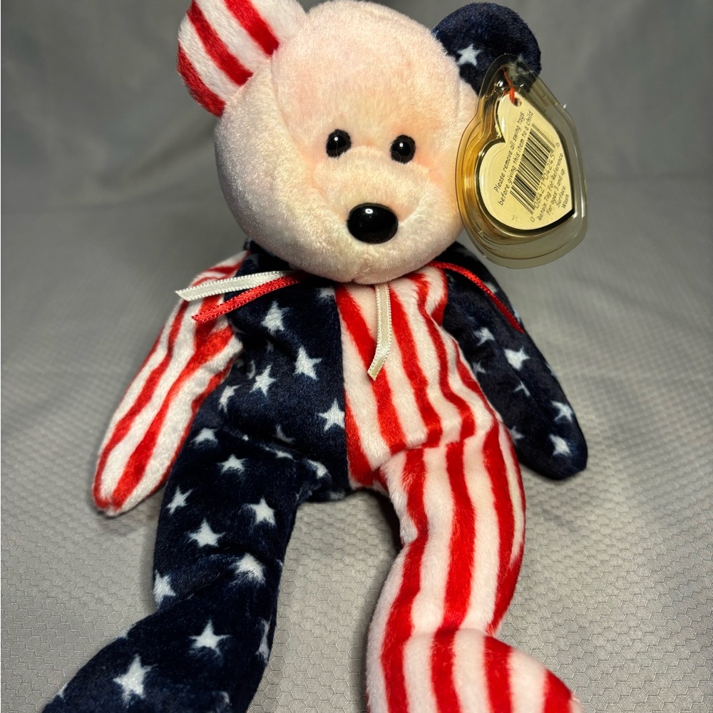 Ty Beanie Baby Spangle Pink Head-White Red Strips-Blue White Stars Bear  1999